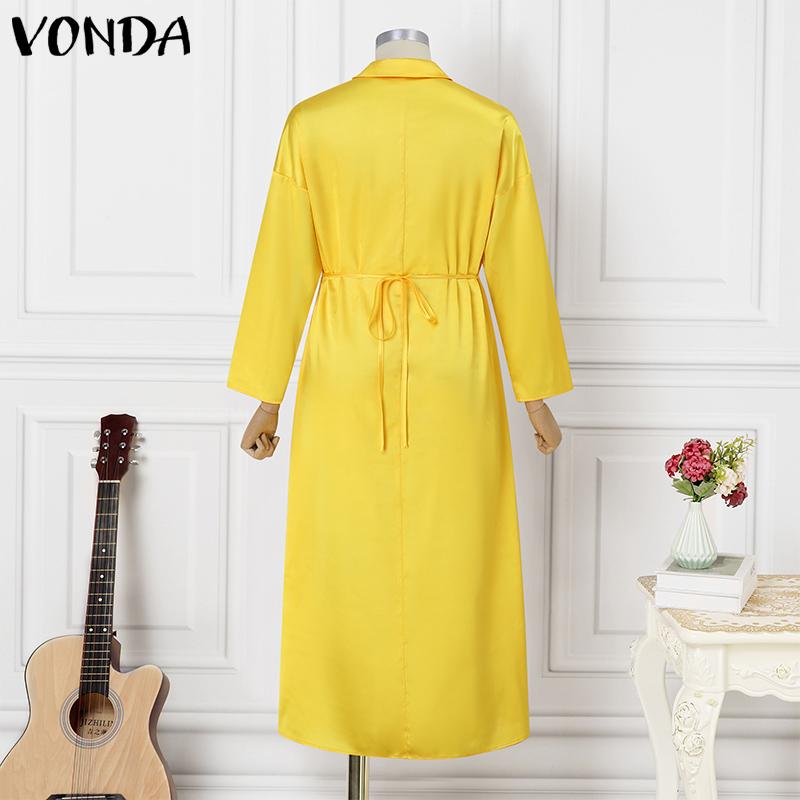 VONDA Женское модное однотонное атласное платье-рубашка с длинным рукавом и разрезом