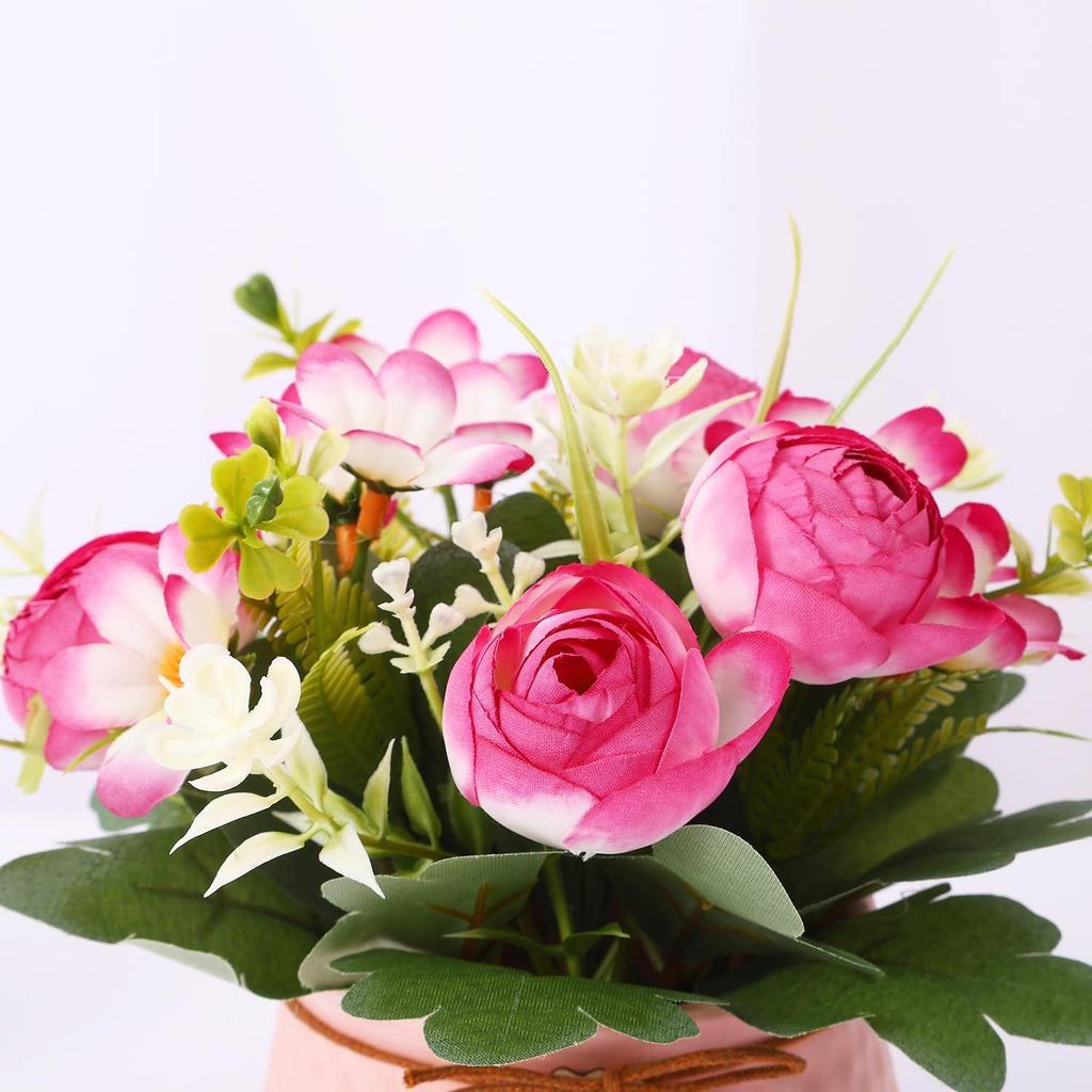 Artificial Rose Flower Plant with Pot (Pink, 6.6 Inch) Home Décor Items for Living Room Balcony Kitchen Bedroom Office Table Top Decoration