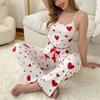 Women's Cute Heart Print Satin Pajama Set - V Neck Cami Top and Elastic Shorts for Comfortable Sleep and Lounging Homewear