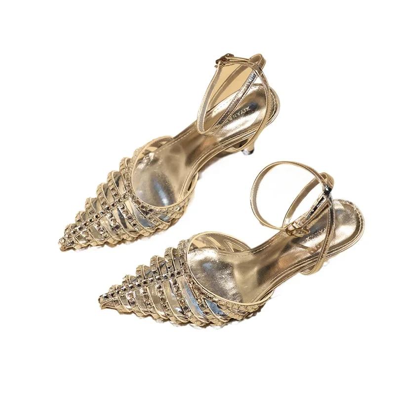 Модная женская обувь 2024 года, высококачественные женские босоножки с ремешком на щиколотке, летние сандалии с острым носком и пряжкой, туфли на шпильке или тонком каблуке, неглубокие босоножки