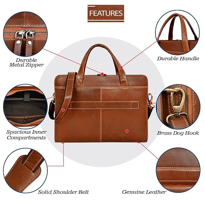 Genuine Leather Laptop Briefcase Bag for Men, Durable Vintage Office Travel Carry Business Messenger Shoulder Bag, Multi Pocket Zipper Work Handbag
