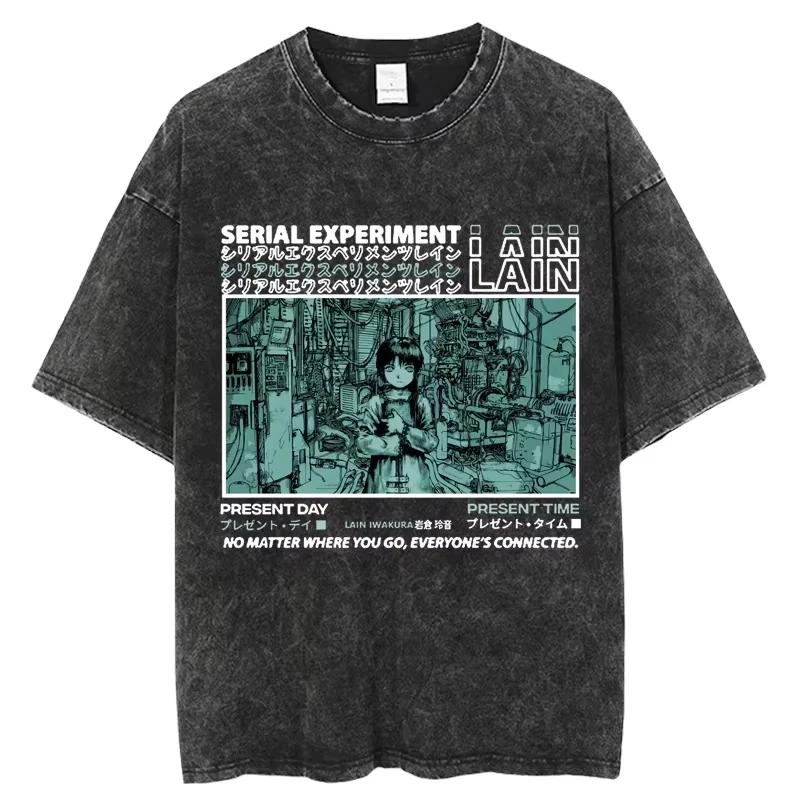 Anime Serial Experiments Lain Vintage Washed T Shirt Summer Men Women Tshirt Cotton Harajuku Oversized Short Sleeve Tees Tops