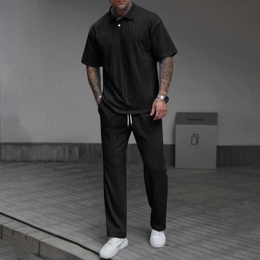 Men's Solid Color Textured Short Sleeved Trousers Suit Men's Casual Suit
