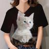 Женские футболки с коротким рукавом и принтом 3D Cat, летние женские пуловеры с V-образным вырезом и милым принтом животных, свободные повседневные женские футболки