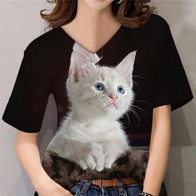 Женские футболки с коротким рукавом и принтом 3D Cat, летние женские пуловеры с V-образным вырезом и милым принтом животных, свободные повседневные женские футболки