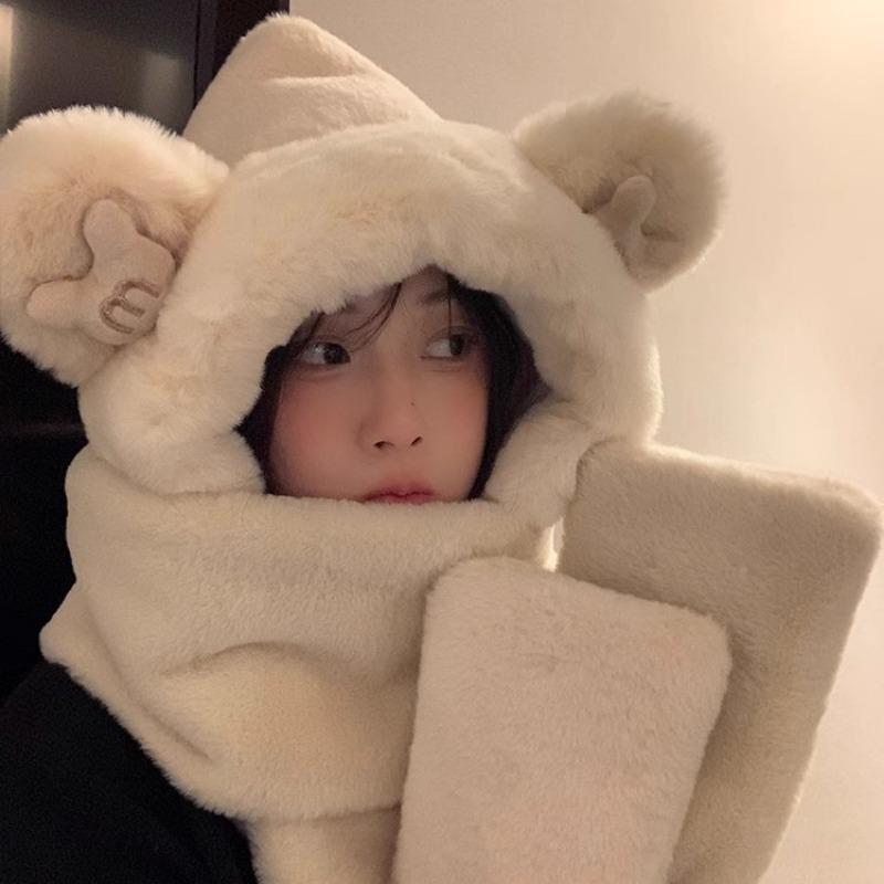 Шапка с медвежьими ушками шарф интегрированный женский зимний милый плюшевый утолщенный теплый шарф перчатки набор из трех предметов