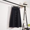 Spring Autumn Women Midi Knee Length Button High Waist Pleated School Skirt