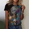 Summer Round Neck 3D Rose Skull Pattern Printed Top Fashionable Casual Short Sleeved Women's T-shirts