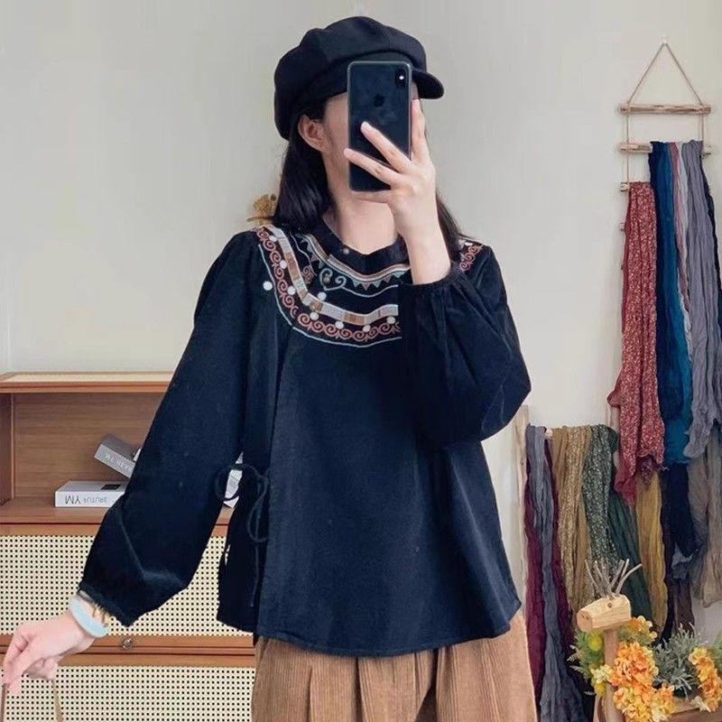 Женская рубашка из хлопка и льна на весну и осень, вышитая рубашка, топ в ретро-этническом стиле
