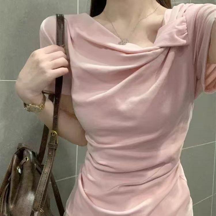 Chic Summer Short Sleeve T-shirt Slim Fit Knot Front Pure Color Womens Beautiful Gentle Top