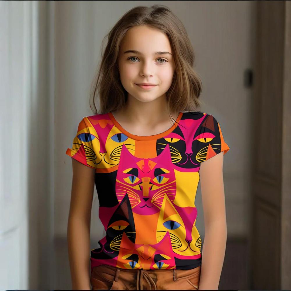 Девочка Одежда Лето Мультяшный Кот Графика Детская Одежда Рисование Короткий Рукав Круглый Вырез Топ