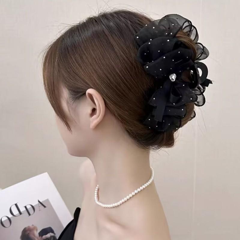 Large Summer Lace Edge Bow Claw Clip Hair Accessory for Women - Multi-Layer Feather Design