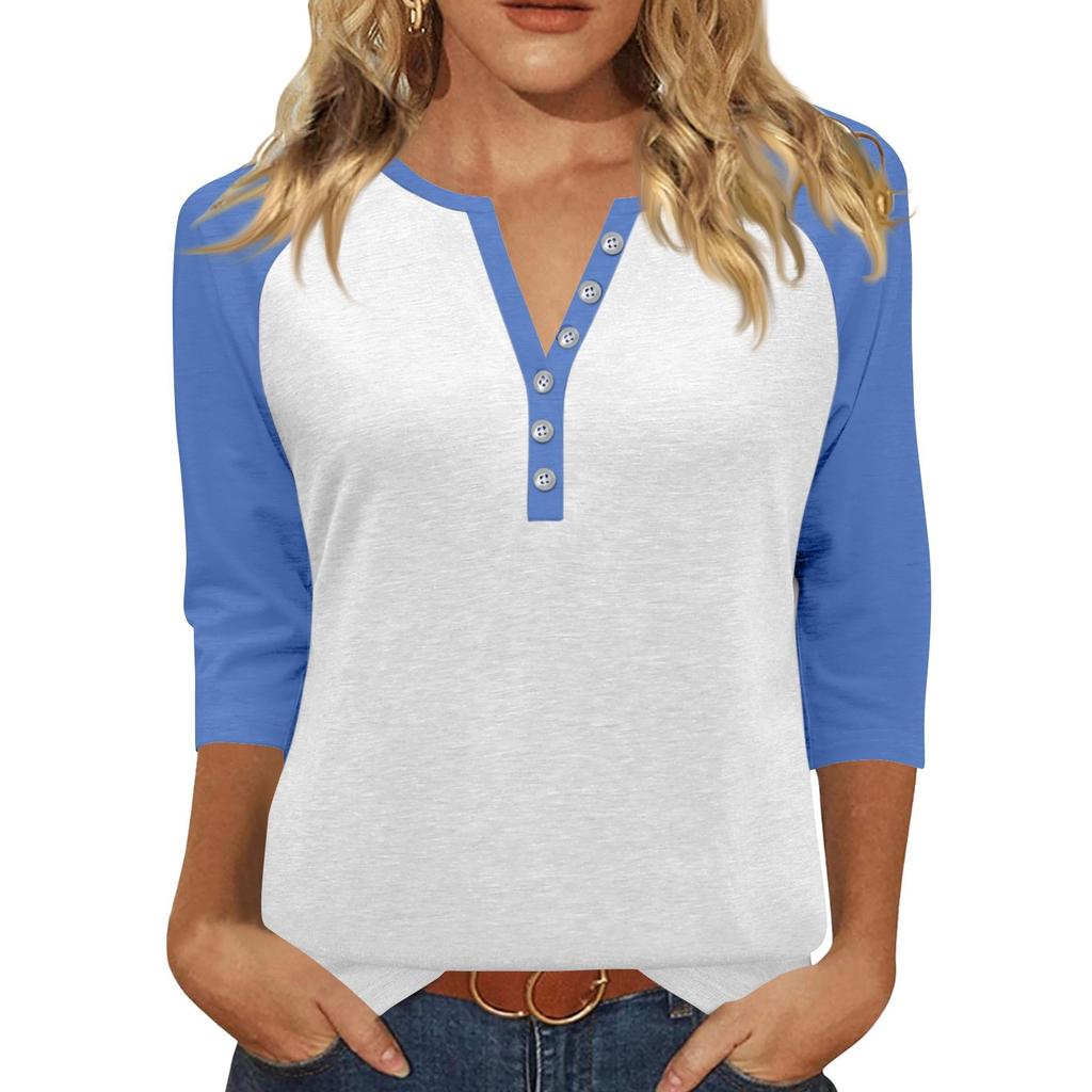 Жен. Футболка С принтом Пуговицы Рукав 3/4 Повседневные Выходные Мода Классический Классический V-образный вырез Обычный Верх