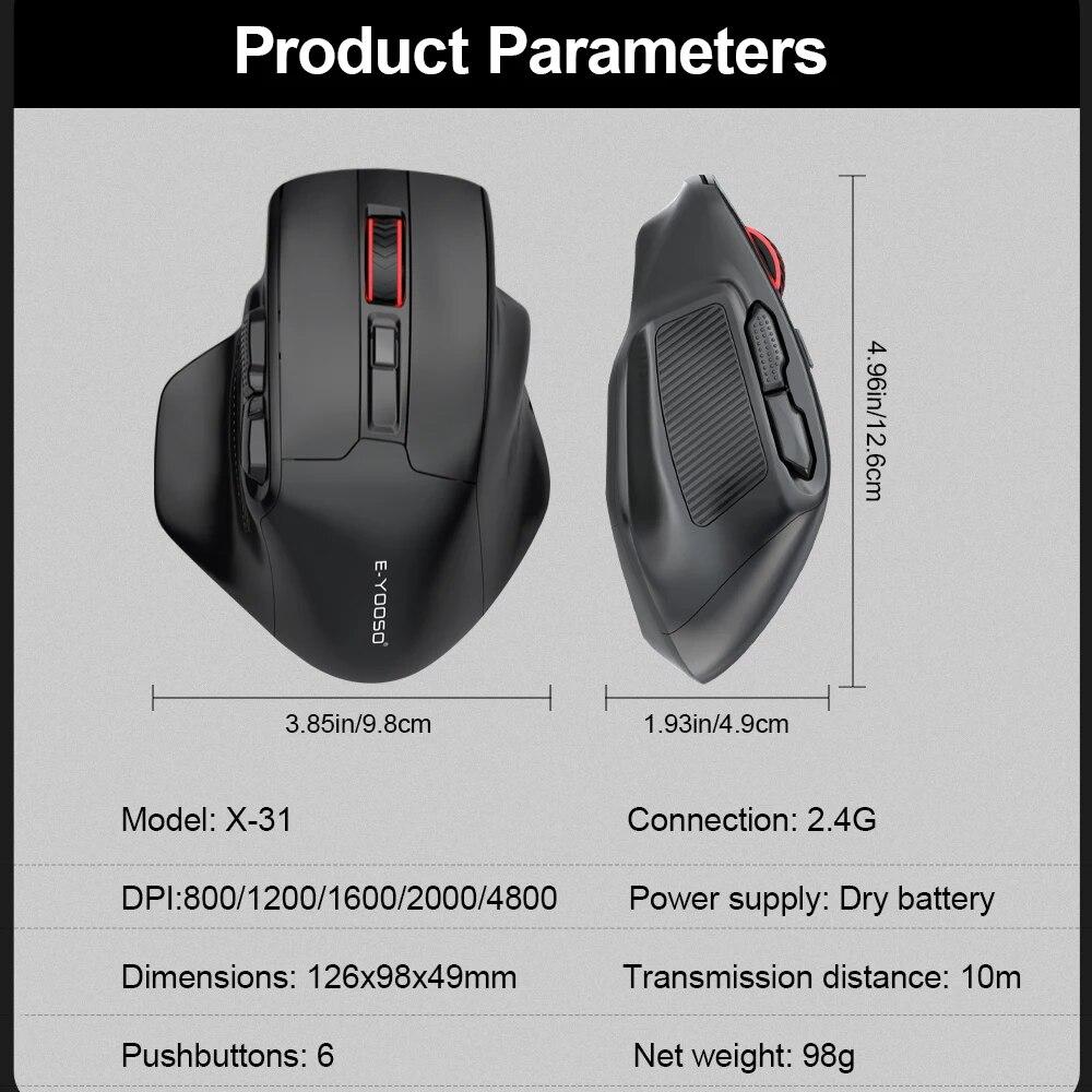 E-YOOSO X-31 Беспроводная игровая мышь USB 2.4G для больших рук PAW3212 4800 DPI 5 Кнопок для геймеров Компьютера Ноутбука ПК