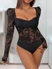 Elegant Lace Trim Bodycon Black Bodysuit with Square Neck