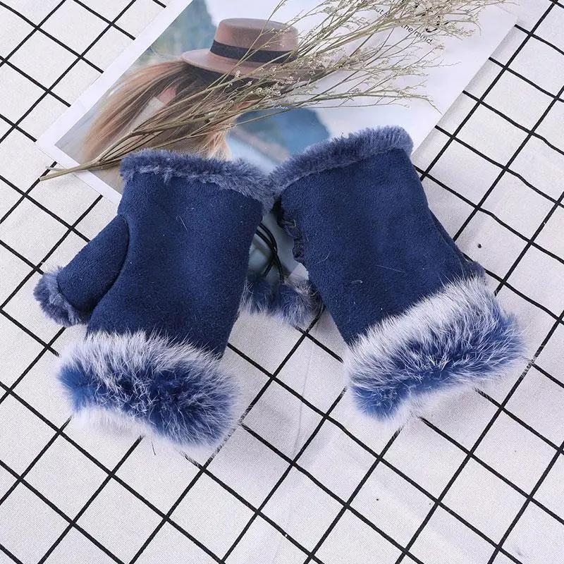 Christmas Women Hand Wrist Windproof Mittens Warmer Y2K Leopard Print Gloves Plush Suede Faux Rabbit Fur Fingerless Gloves