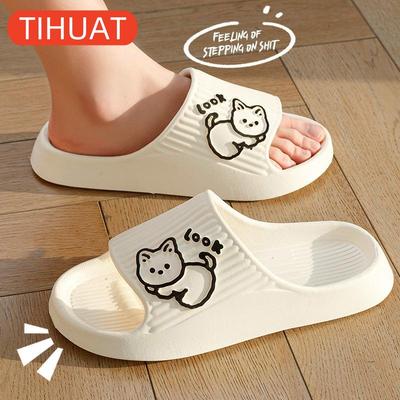 Летние женские тапочки для ванной 2024 года, нескользящие домашние тапочки на толстой платформе с кошачьим узором, пляжные сандалии, женские шлепанцы для дома и улицы