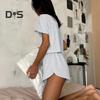 2 Pcs/Set Summer Homewear Top And Pants Suit Striped Pajamas Loose Sleepwear Short Sleeve T-shirt Elastic Waist Slit Shorts Set