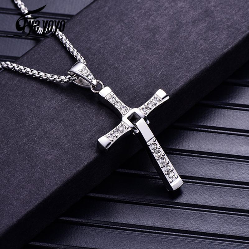 Fast and Furious Cross Necklace Dominic Toretto Cross Rhinestone Pendant Necklace Stainless Steel Necklace for Men Women