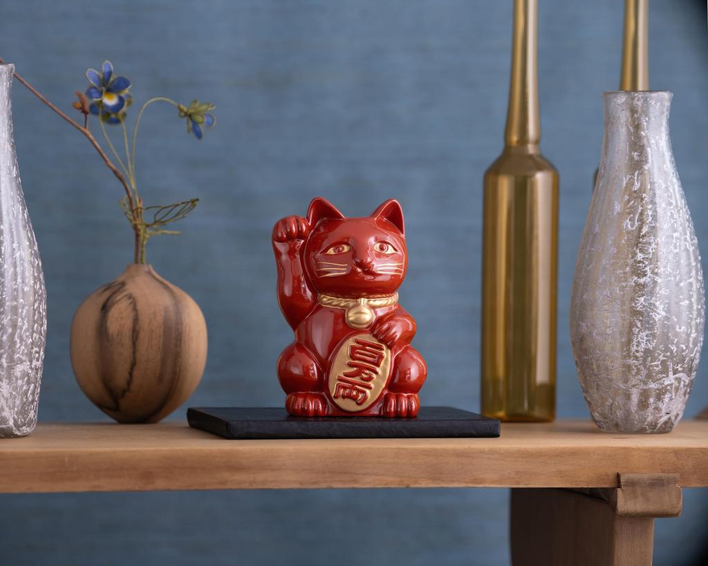 Gingado Maneki Neko (Lucky Cat) - Red Lacquer, Right Paw Raised, Metal, Lucky Cat, Good Luck, Feng Shui Figurine, Takaoka Copperware (Maneki Neko RE)