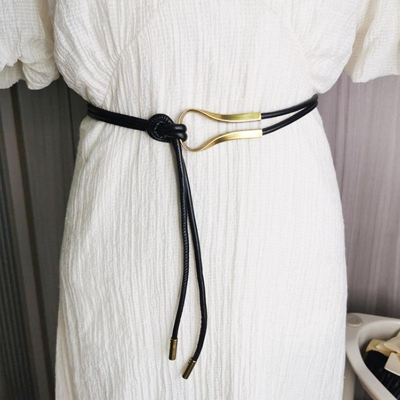 Brown Thin Leather Waist Belt Vintage Smooth Gold Buckle Adjustable for Female Cocktail Party Wear