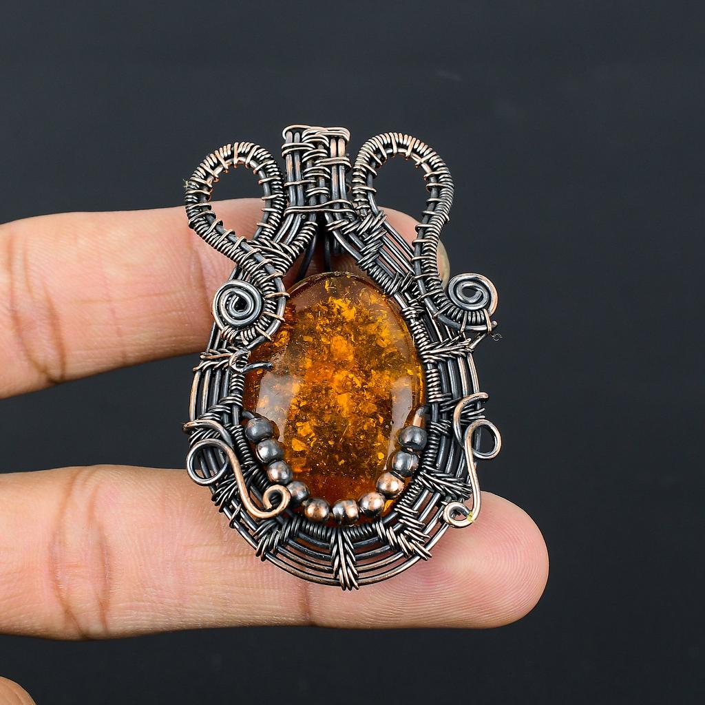 Балтийский янтарь Ручная работа Медная проволока Оплетка Подвеска 2.36" s2I83