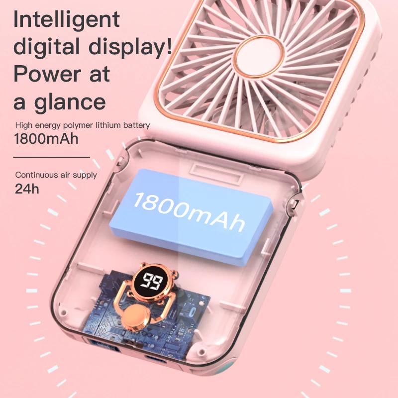 Мини-вентилятор 3-в-1, носимый на шее, ручной, со складным зеркалом и Power Bank, тихий, компактный и портативный для летних видов спорта