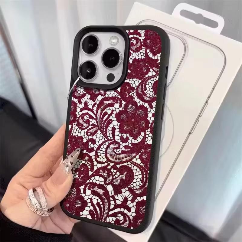 Чехол для телефона iPhone 17 16 15 14 Plus 13 12 11 Pro Max X XR XS 17Air Романтичный Красный Кружевной Принт Узор Личи ТПУ Мягкий Чехол