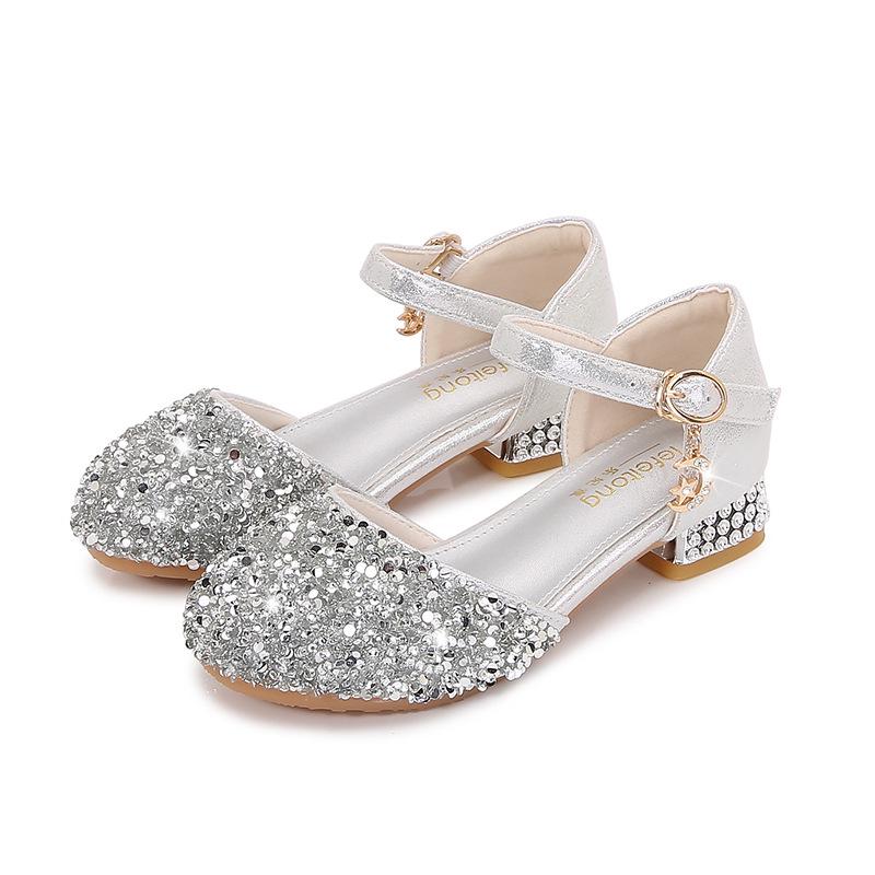 Girls' Princess Shoes silver Crystal Shoes with Glitter for Little Girls, Hostess and Piano Performance Shoes, Children's High Heels