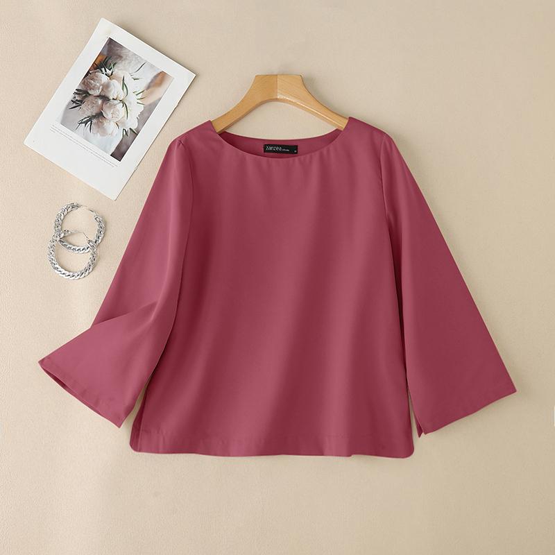ZANZEA Женская повседневная однотонная свободная блузка с круглым вырезом и рукавом 3/4