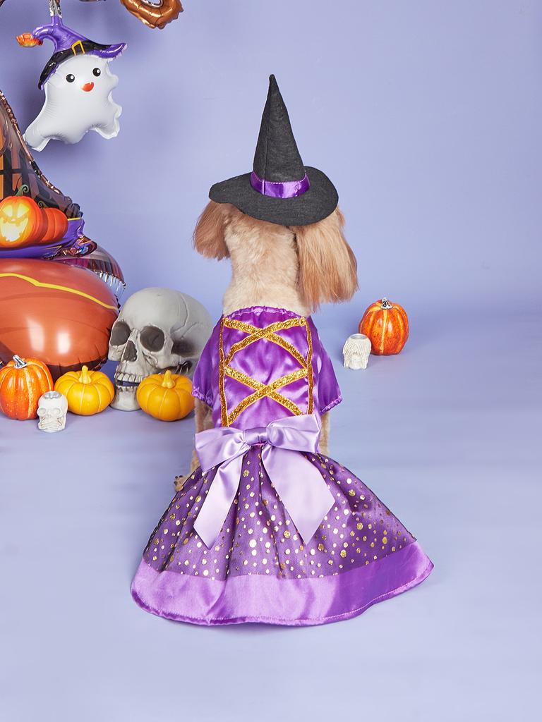 Halloween Dog Dress with Witch Hat Holiday Theme Dog Holiday Party Dresses for Small Dogs Girl Halloween Cat Costume Adjustable