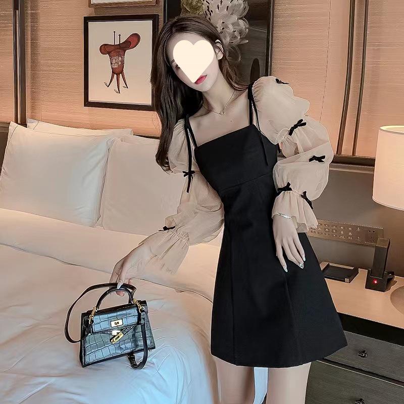 «Элегантное маленькое черное платье во французском стиле с длинными рукавами и сетчатой вставкой для женщин — весна/осень, омолаживающий, имитация двухкомпонентного дизайна»