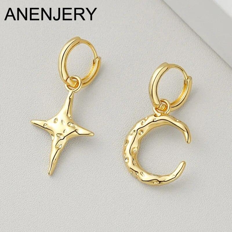 ANENJERY Асимметричные серьги-кольца с лунной звездой для женщин, складные серьги-капли, ювелирные изделия, подарки на вечеринку