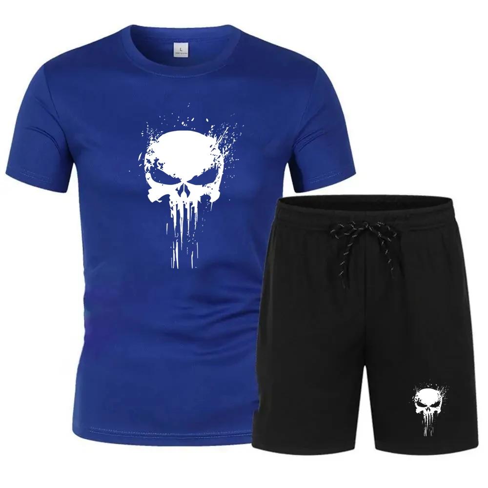Мужская спортивная одежда с принтом черепа, футболка с короткими рукавами и шорты, комплект из двух предметов спортивной одежды для езды на велосипеде и бега трусцой.