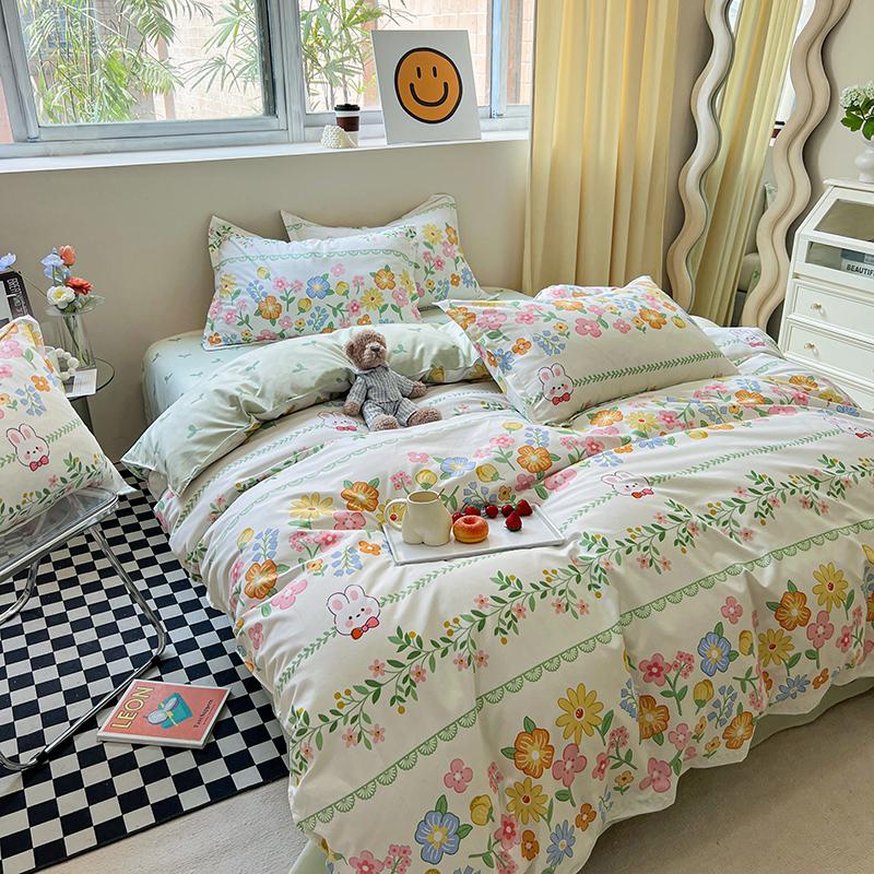 White Flower Stripes Duvet Cover Set with Bed Sheet Pillowcases Popular Reactive Print Bedding Sets Twin Full Queen King Size