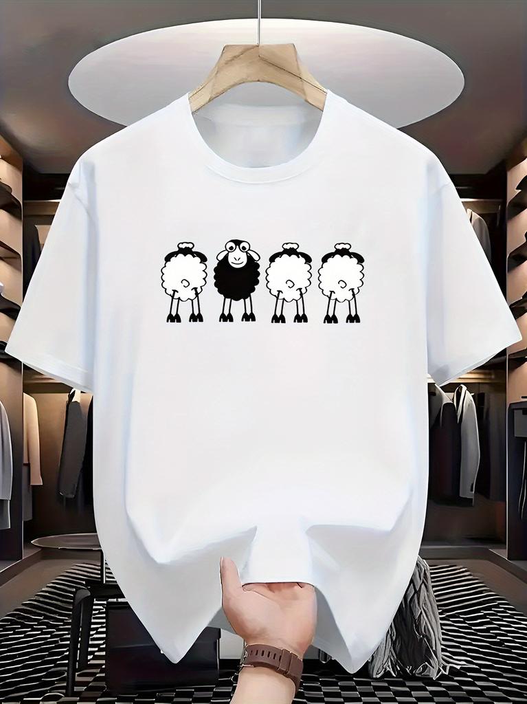 Unisex O Neck Tee Cartoon Sheep Contrast Animal Print Cotton Short Sleeve Loose Summer Breathable Daily Casual Basic Wear Top