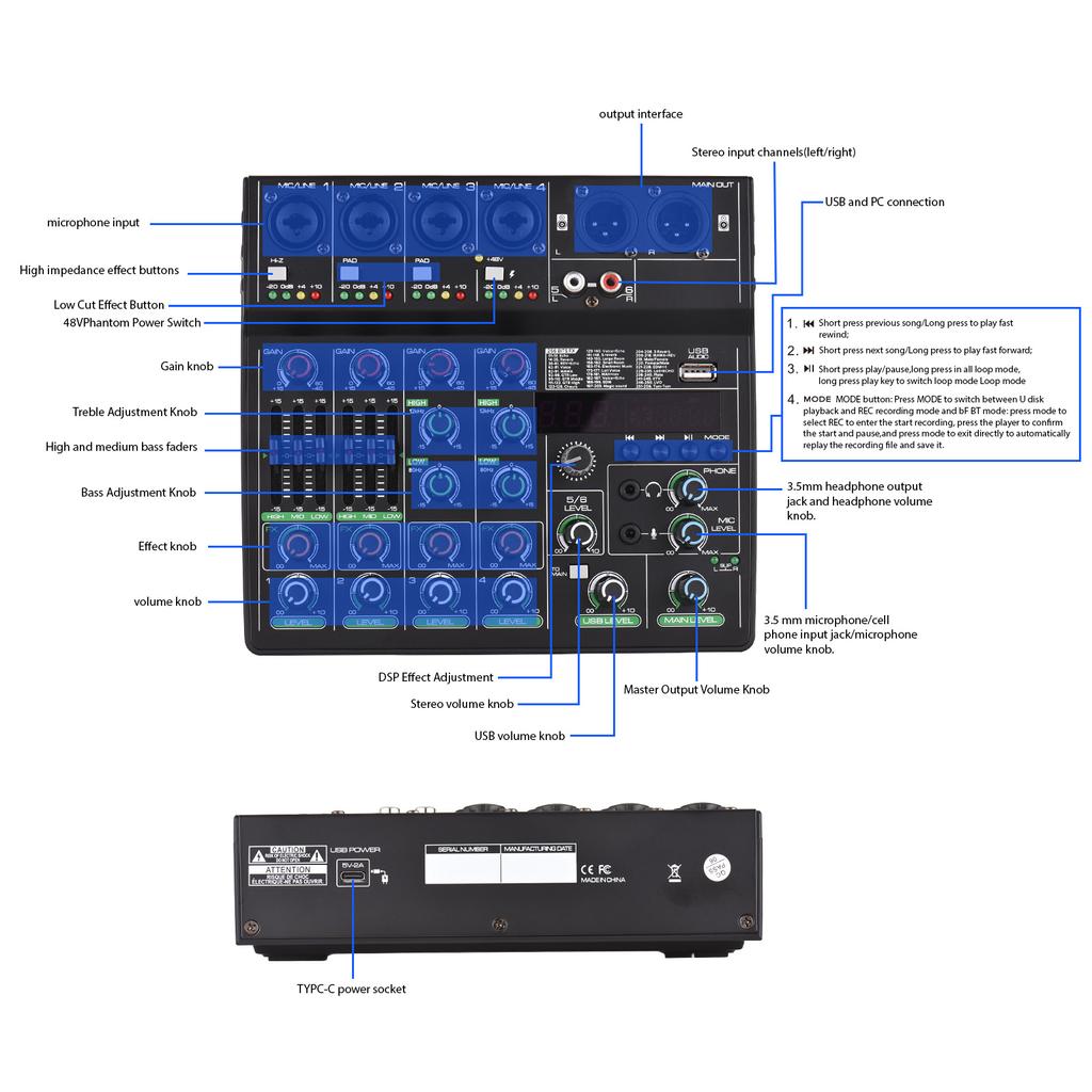 Аудиомикшер 6-канальный микшерный пульт с 256 эффектами 48 В фантомное питание для домашней студии звукозаписи