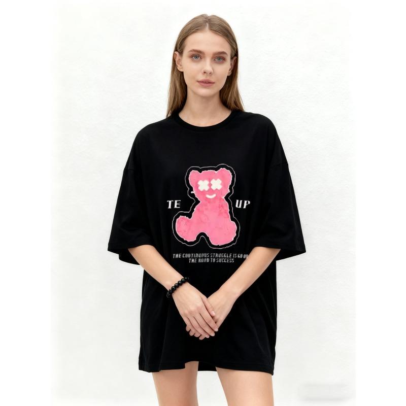 Oversized T Shirt Black Pink Bear Graphic Print With TE UP Text And Motivational Quote Casual Streetwear For Women