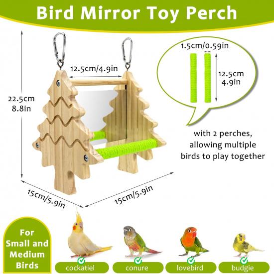 Bird Mirror Toy Perch, 2-Sided Hd Parakeet Mirrors & 2 Cotton-Wrapped Perches for Multiple Birds, Wooden Frame Hanging Parrot Swing for Cage, Safe No