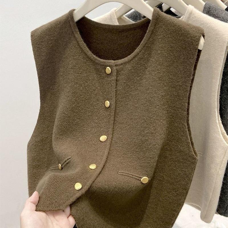 Knit Vest Women Cardigan Sweater Button Up Round Neck Sleeveless Round Neck Simplicity Casual Fashion Lady Top Female Vest Coat