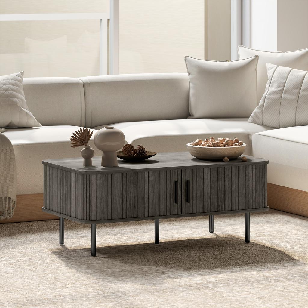 Coffee Table with Storage, Living Room Table with Slatted Tambour Sliding Doors and Foot Pads