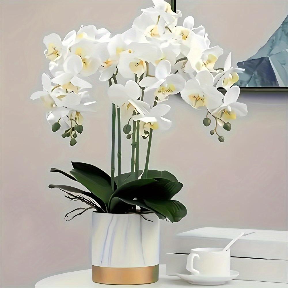 1 Elegant Artificial Orchid Marble Vase with Long Stems, White Orchids, Lush Green Leaves, Realistic Low Maintenance Home Decoration for Christmas