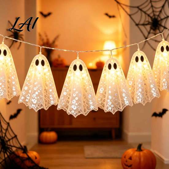 Creative Gift for Kids Halloween Decoration String Lights with Sequin Fabric Decor Battery Operated Soft Glow Nursery Night Light 10 White