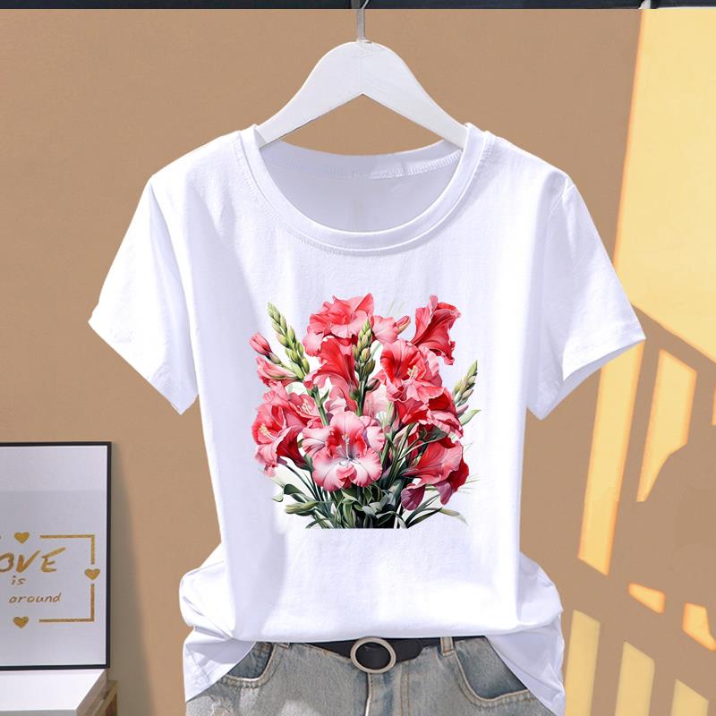 (Asian Size) Graphic Tee T Clothing Casual Fashion Trend Flower Cute 90s Print Female Casual  Women's Top Lady Short Sleeve T-shirt