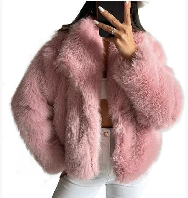 Women's Gray Faux Fur Collarless Short Coat