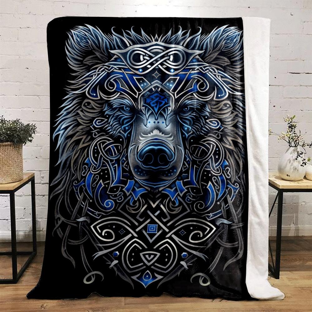 Intricate bear face design with Celtic-inspired blue and silver patterns. for all seasons blanket lunch break throw gift