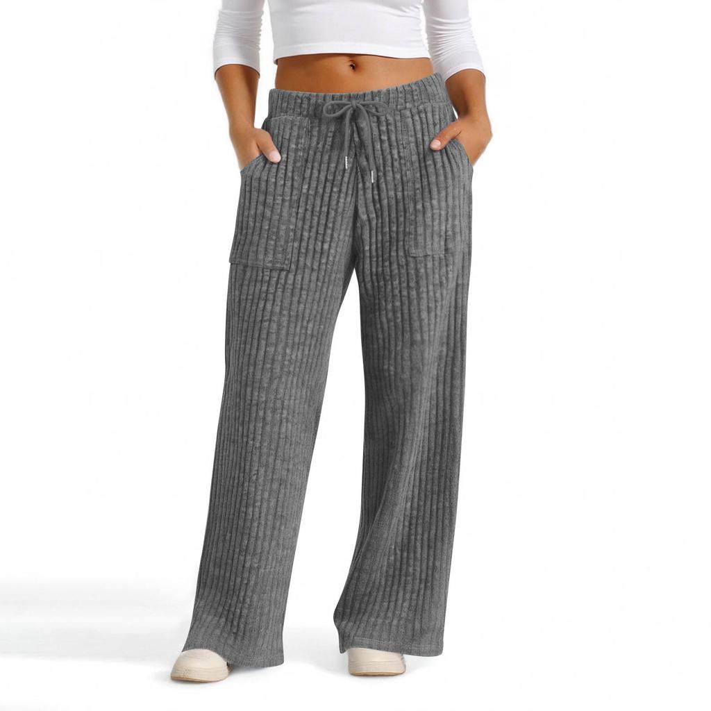 Womens Casual Wide Leg Elastic Waist Ribbed Knit Loose Bottoms With Pockets Soft Pants