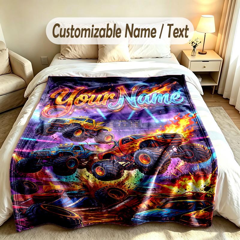 Monster Truck Theme Custom Blanket Personalized Name & Text Customized Soft Warm Throw Blanket Home Decor
