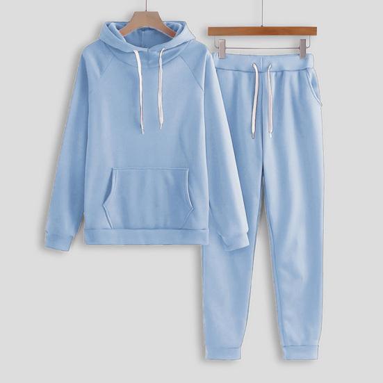 2 Pcs/Set Women Hoodie Pants Suit Solid Color Plush Long Sleeves Thick Top Elastic Waist Ankle-banded Trousers Sport Fitness