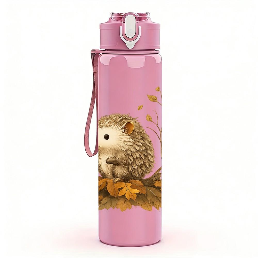 1PC Autumn Hedgehog Leaves Print 750ml Color Plastic Sports Water Bottle Leakproof Flip Straw Lid Suitable for Sports Office Home Use